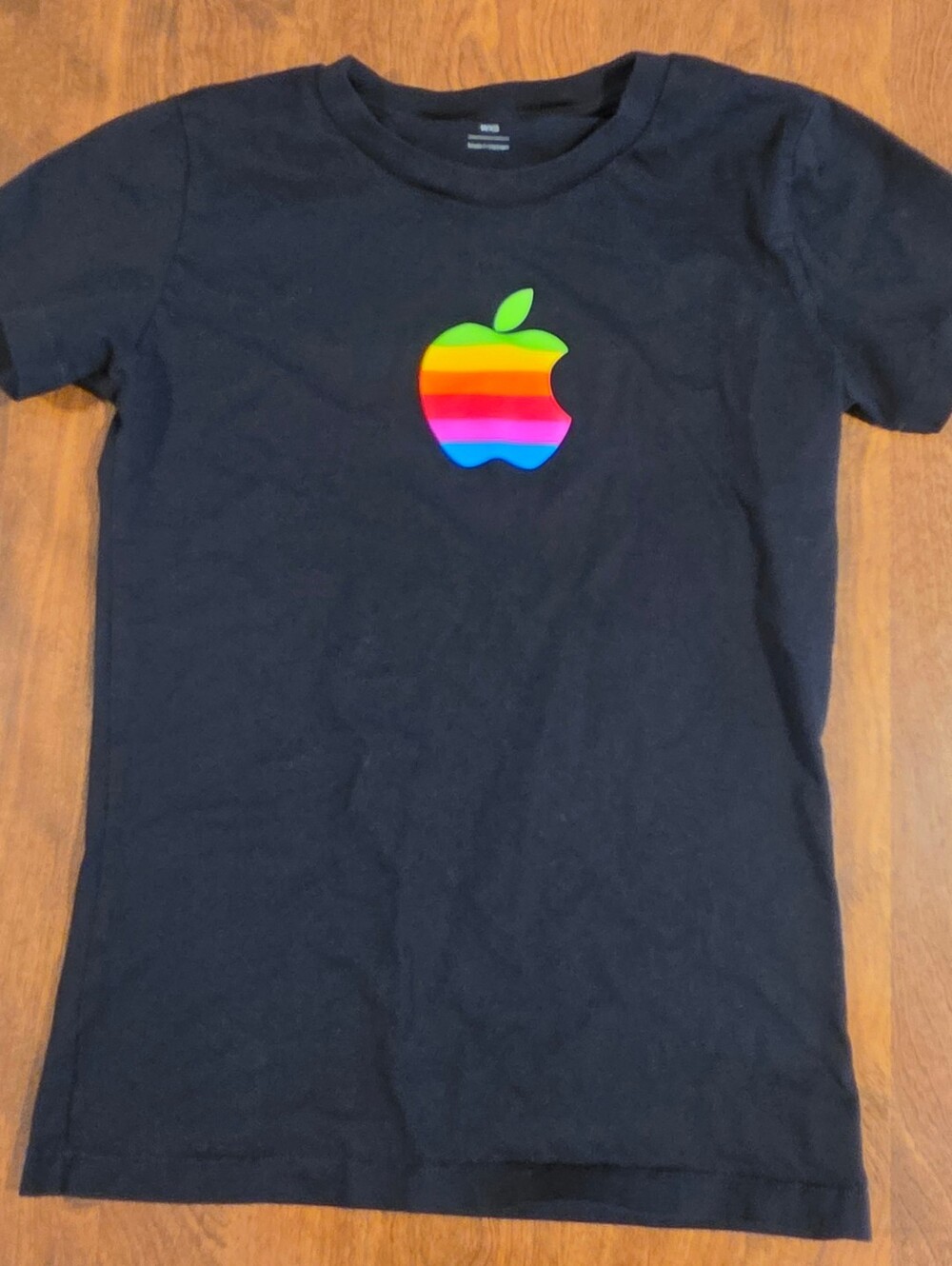 Womens Apple Black T-Shirt with Rainbow - Picture 1 of 3